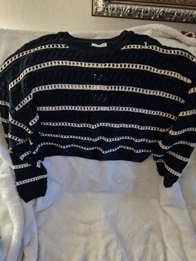 Z Supply Navy and Cream Open-Weave Stripe Crewneck Sweater